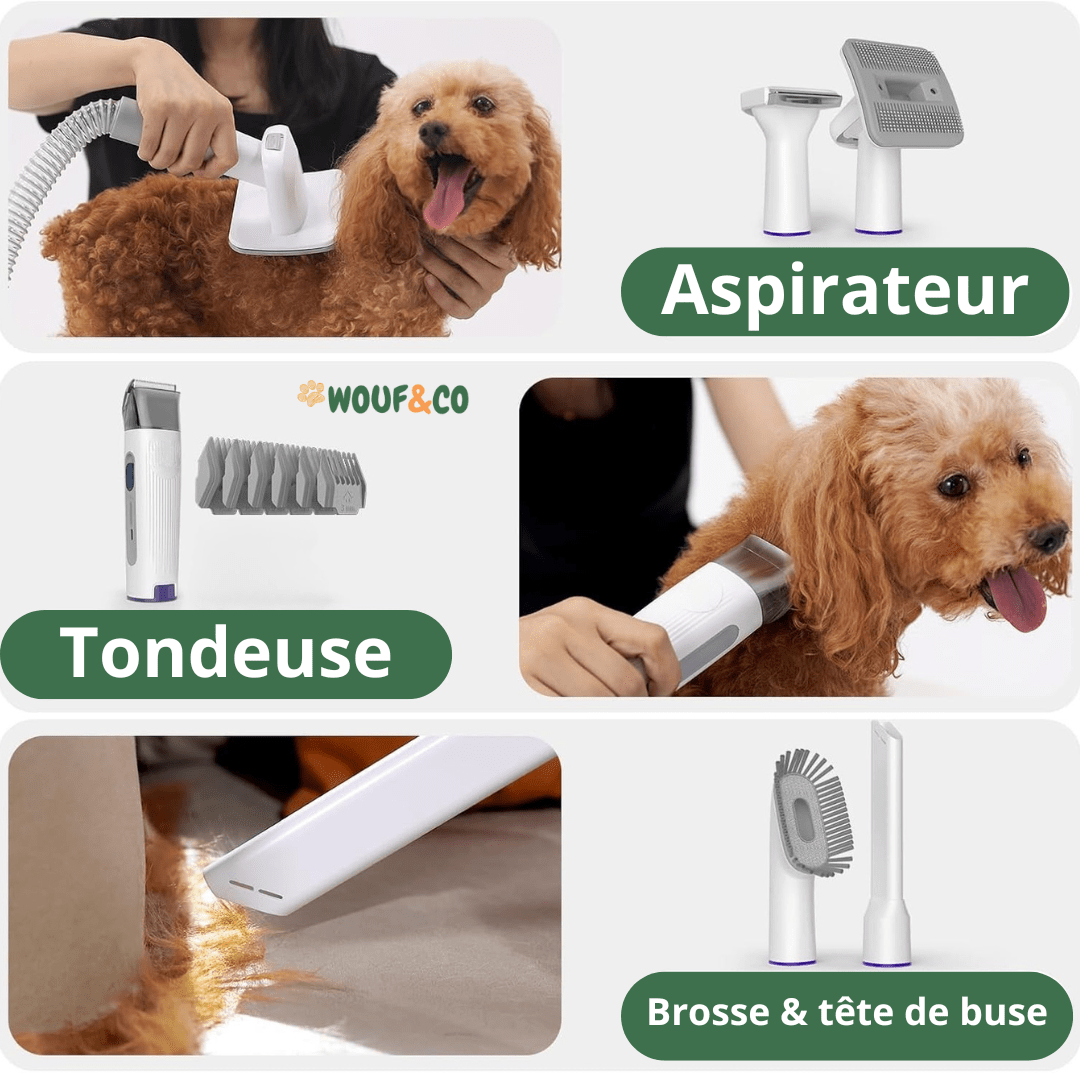 Fluffy One™ | Aspirateur pour Chiens & Chats avec tondeuse, brosse et 5 accessoires de toilettage