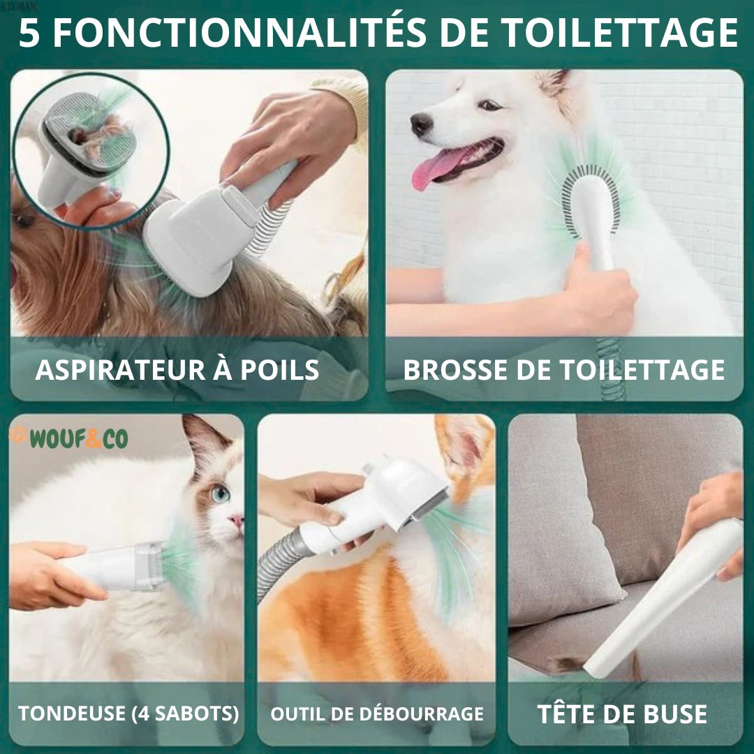 Fluffy One™ | Aspirateur pour Chiens & Chats avec tondeuse, brosse et 5 accessoires de toilettage